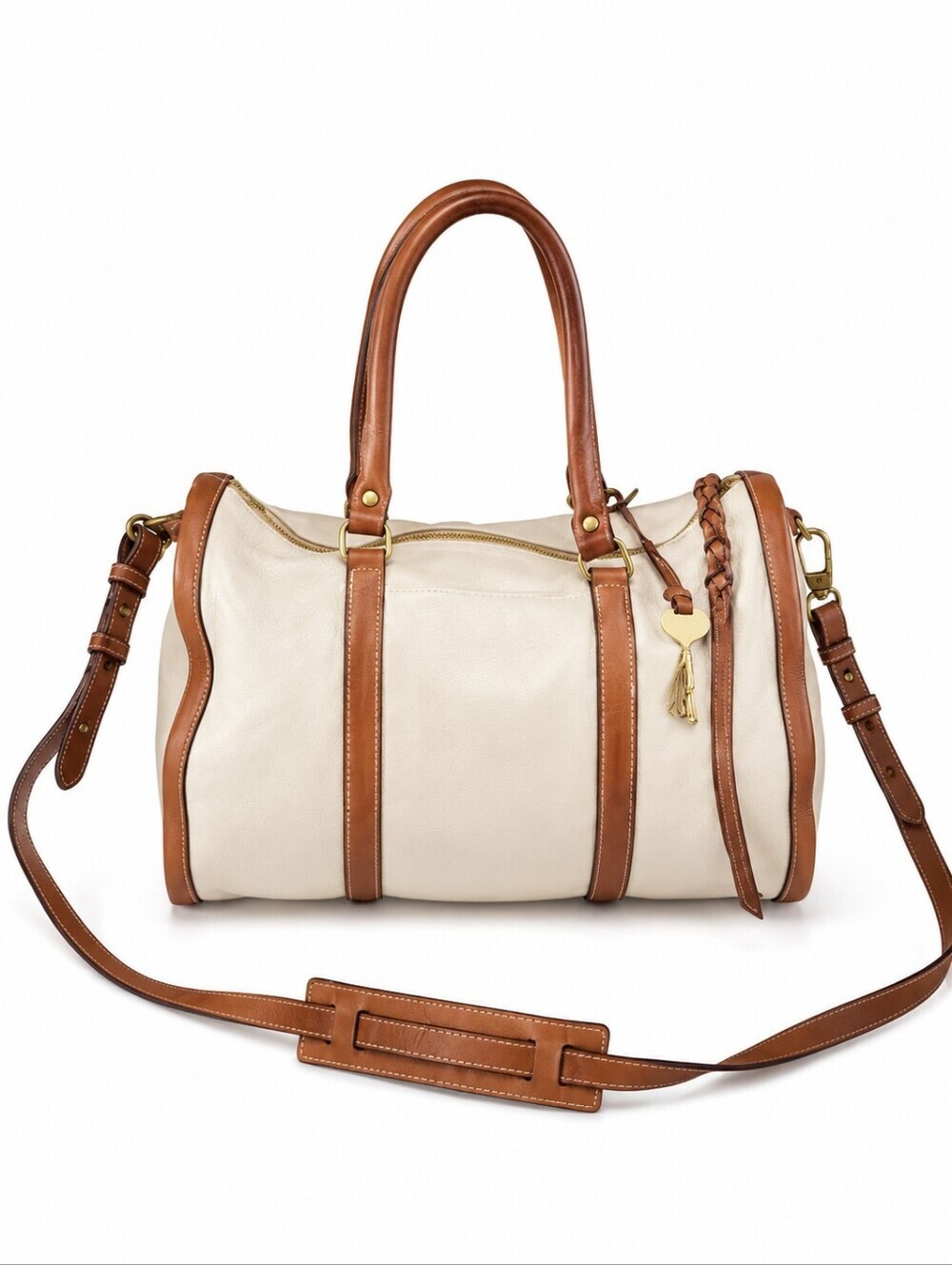 Fossil Kendall Leather Saddle Satchel Bag Taupe Brown Crossbody Key Charm